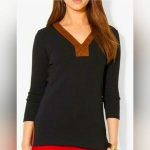 "Lauren" For Ralph Lauren 3/4 Sleeve Black & Cocoa Brown Suede Tunic Top L